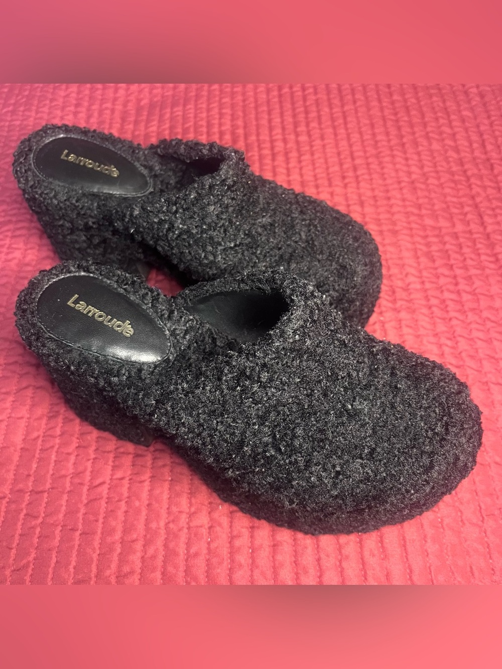 Larroude Miso Platform Clogs Black Bouclé Teddy Fur Mule Chunky Heel Size 6